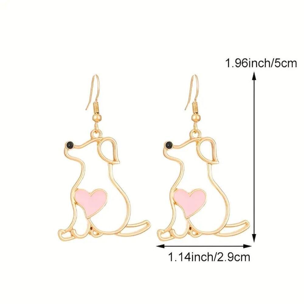 NEW Gold Dog Earrings with Pink Heart – Cute Pet Lover Dangle Jewelry - Picture 3 of 4